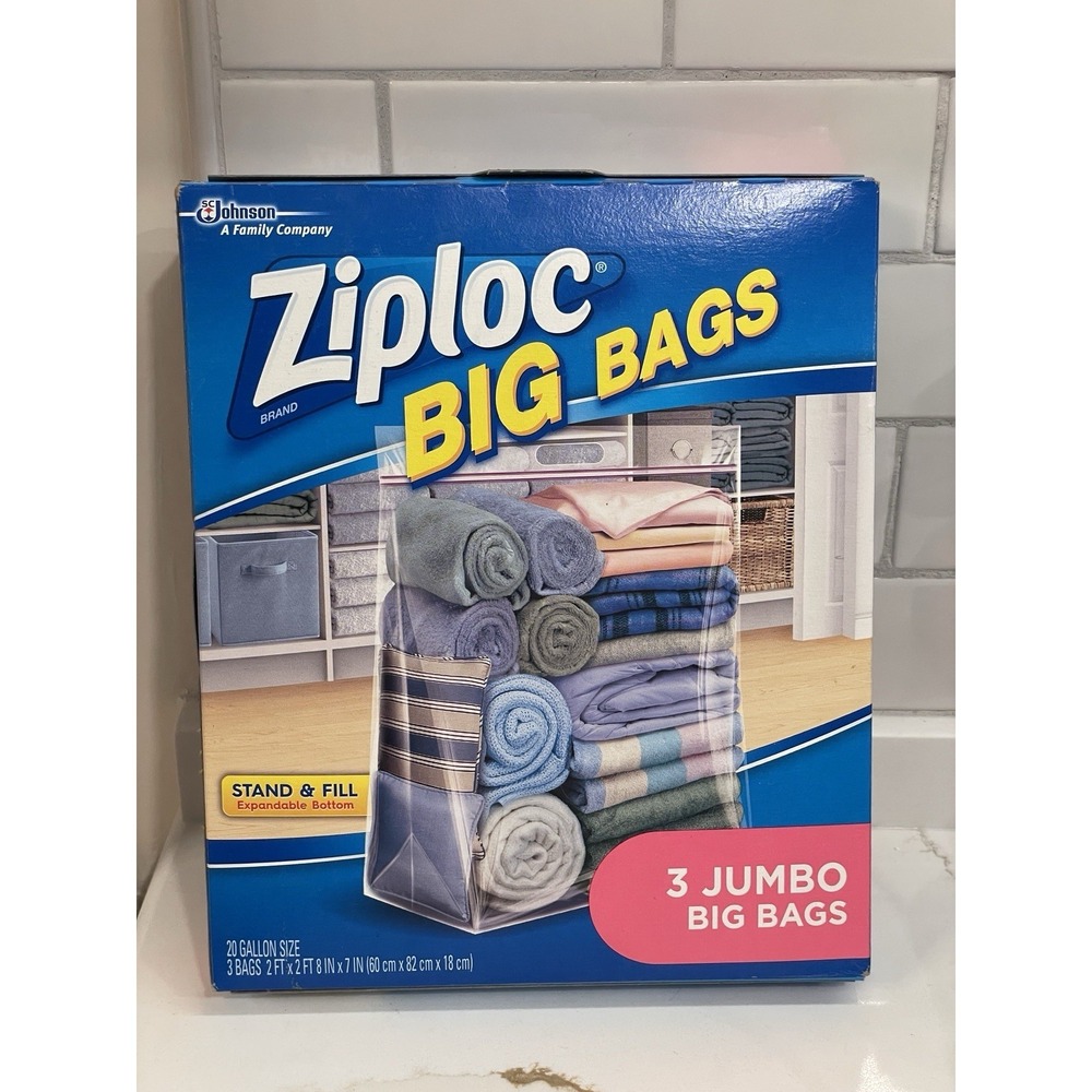 Ziploc Big Bags Jumbo 20 Gallon Size 3 Count Pack Stand & Fill Storage Organize